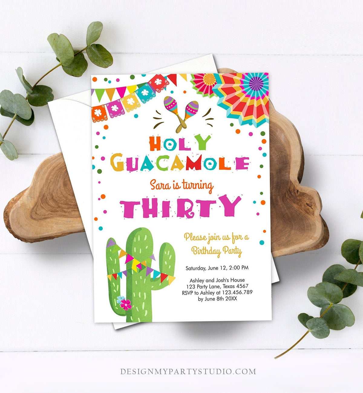 Editable ANY AGE Fiesta Birthday Invitation Holy Guacamole Adult Mexican Thirty Birthday Party Cactus 30th Corjl Template Printable 0045