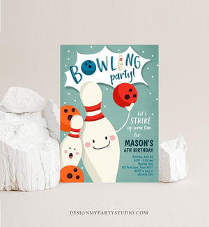 Editable Bowling Birthday Invitation Strike Up Some Fun Boy Bowling Party Blue Orange Instant Digital Download Printable Template Corjl 0324