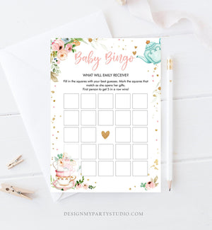 Editable Baby Bingo Game Tea Party Baby is Brewing Girl Blush Pink Gold Couples Sprinkle Brunch Bubbly Corjl Template Printable 0349