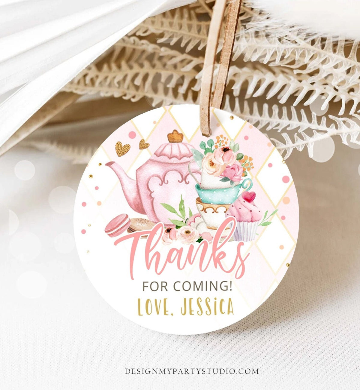 Editable Tea Party Favor Tag Sticker Baby Shower Baby is Brewing Floral Pink Gold Tea for Two Partea Par-tea Template Corjl Printable 0349