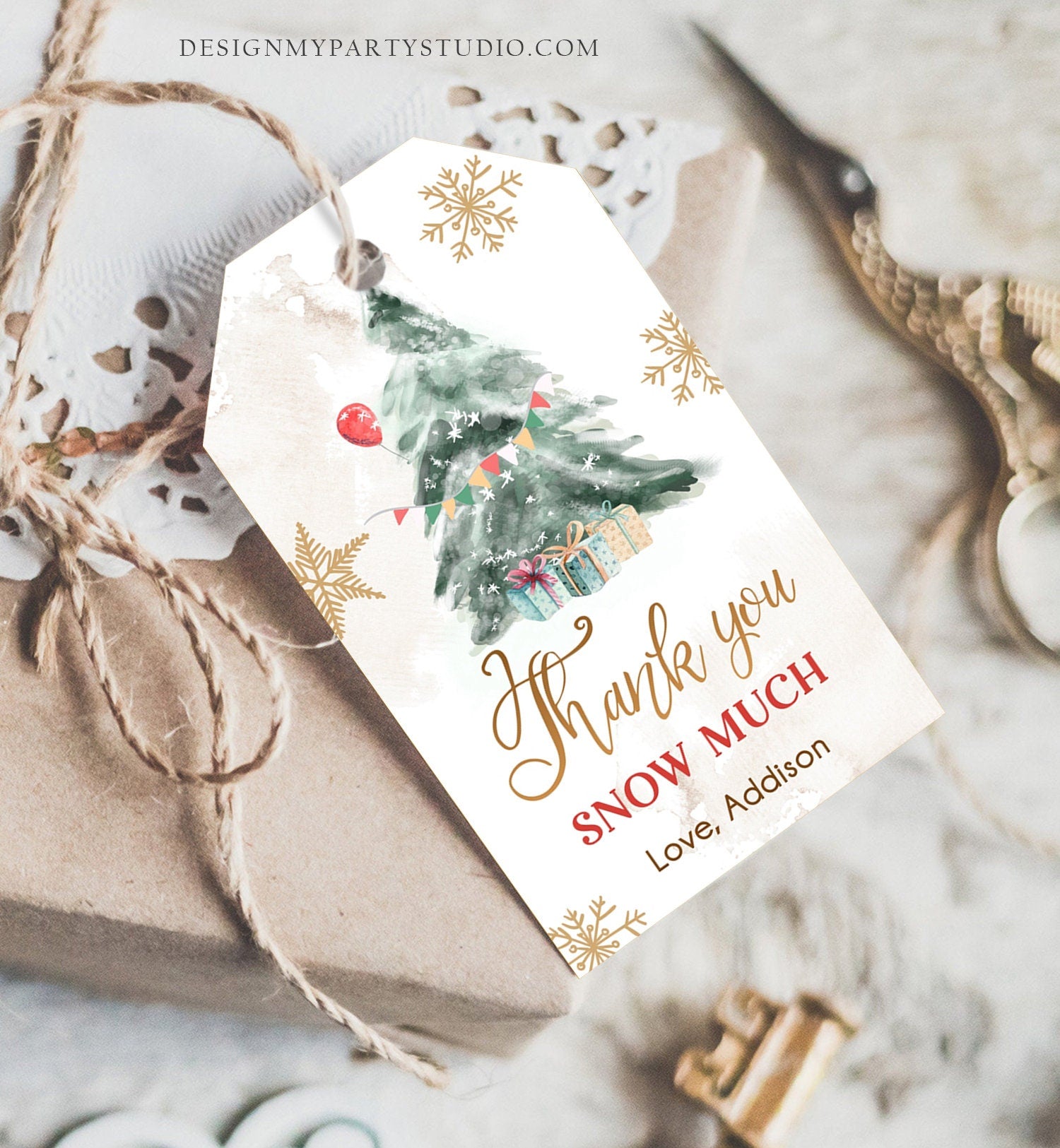 Editable Winter Tree Thank You Tag Onederland Neutral Red Gold Christmas Snow Much Shower Birthday Gift Digital Template Printable 0363