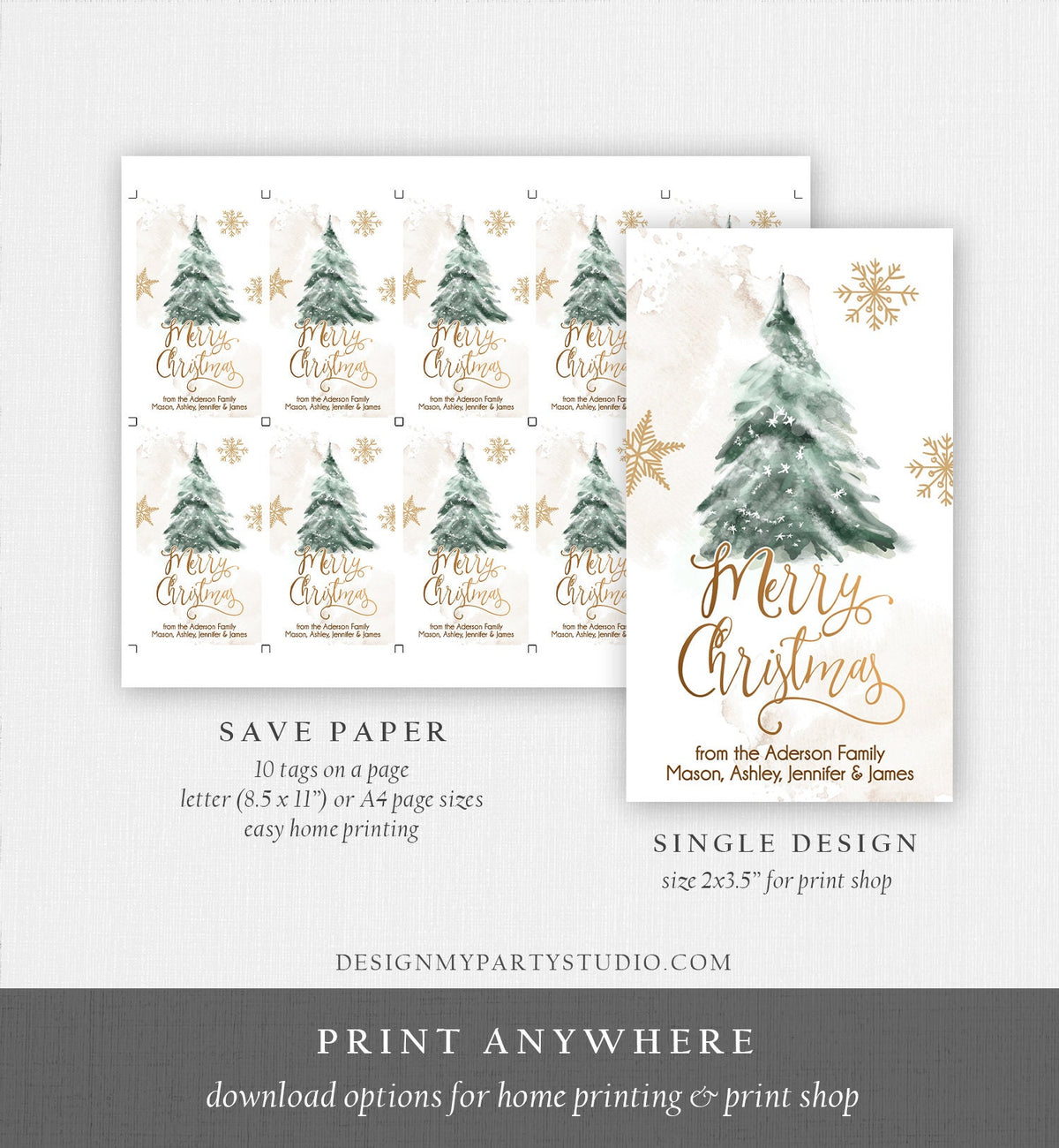 Editable Christmas Favor Tags Holiday Gift Tags Merry Christmas Holiday Tags Holiday Labels Tree Gold Digital Template Printable 0363 0443