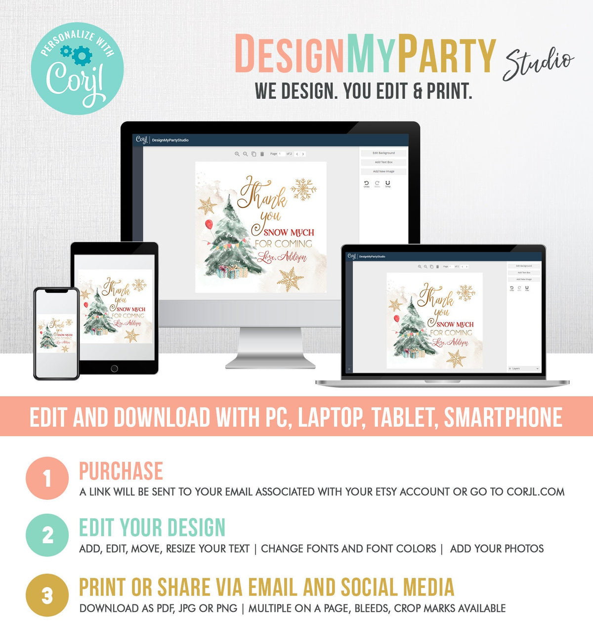 Editable Winter Tree Thank You Tag Winter Onederland Neutral Red Gold Christmas Thank You Snow Much Birthday Digital Template Printable 0363