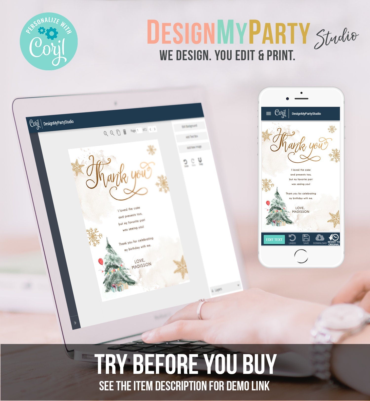 Editable Winter Tree Thank You Card Watercolor Birthday Onederland Neutral Red Gold Christmas Snowflake Digital Template Printable 0363