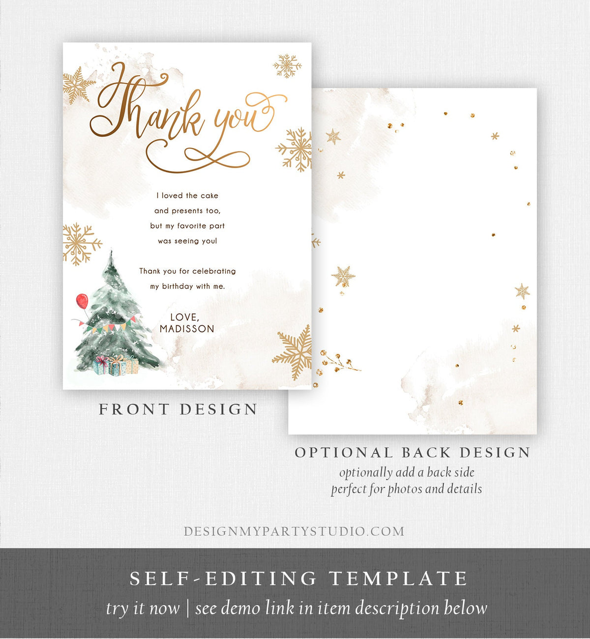 Editable Winter Tree Thank You Card Watercolor Birthday Onederland Neutral Red Gold Christmas Snowflake Digital Template Printable 0363