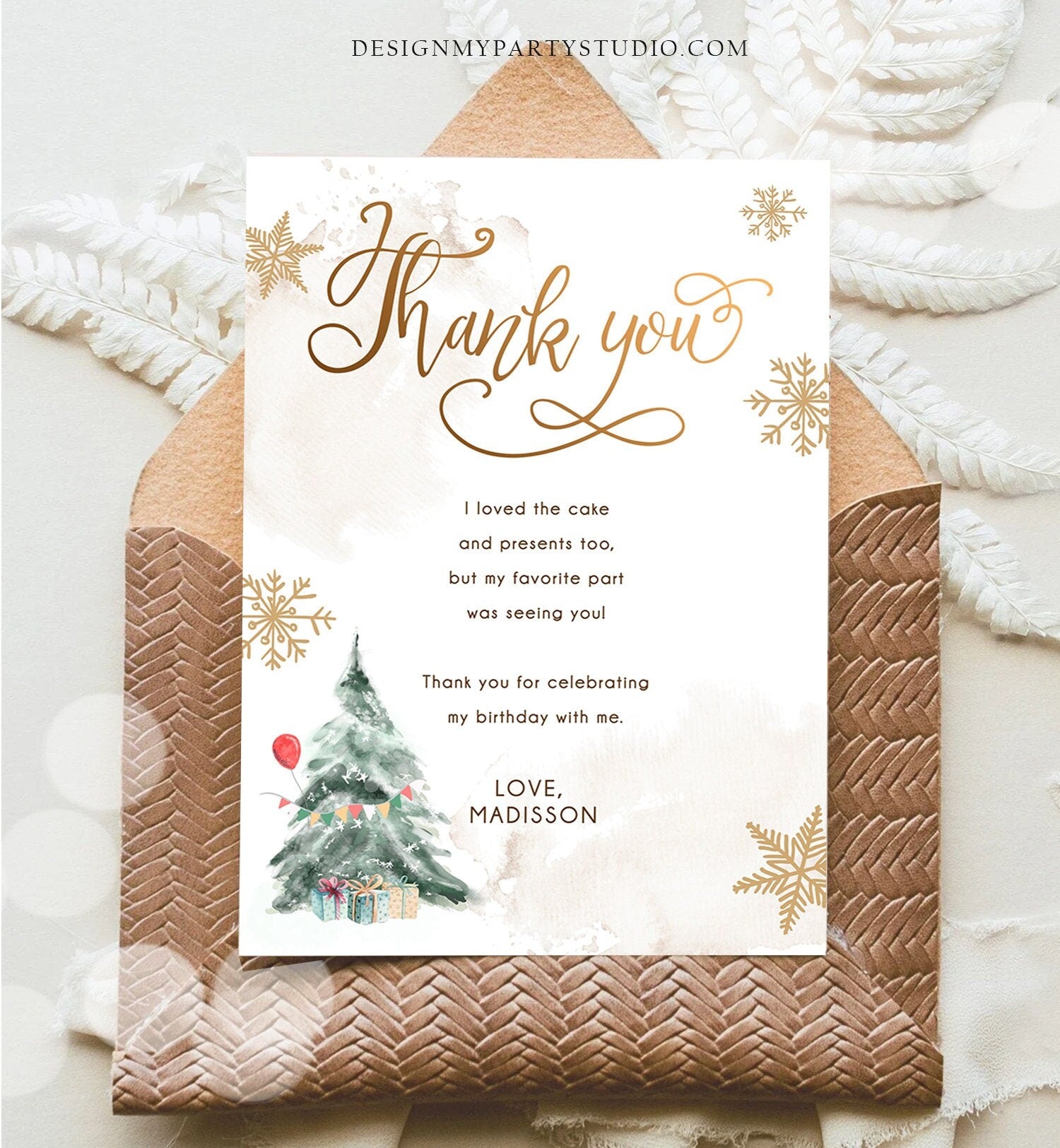 Editable Winter Tree Thank You Card Watercolor Birthday Onederland Neutral Red Gold Christmas Snowflake Digital Template Printable 0363