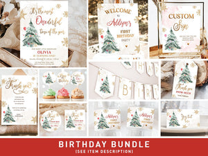 Winter ONEderland Birthday Bundle Christmas Neutral Red Gold 1st First Birthday Tree Snowflakes Watercolor Printable Corjl Template 0363
