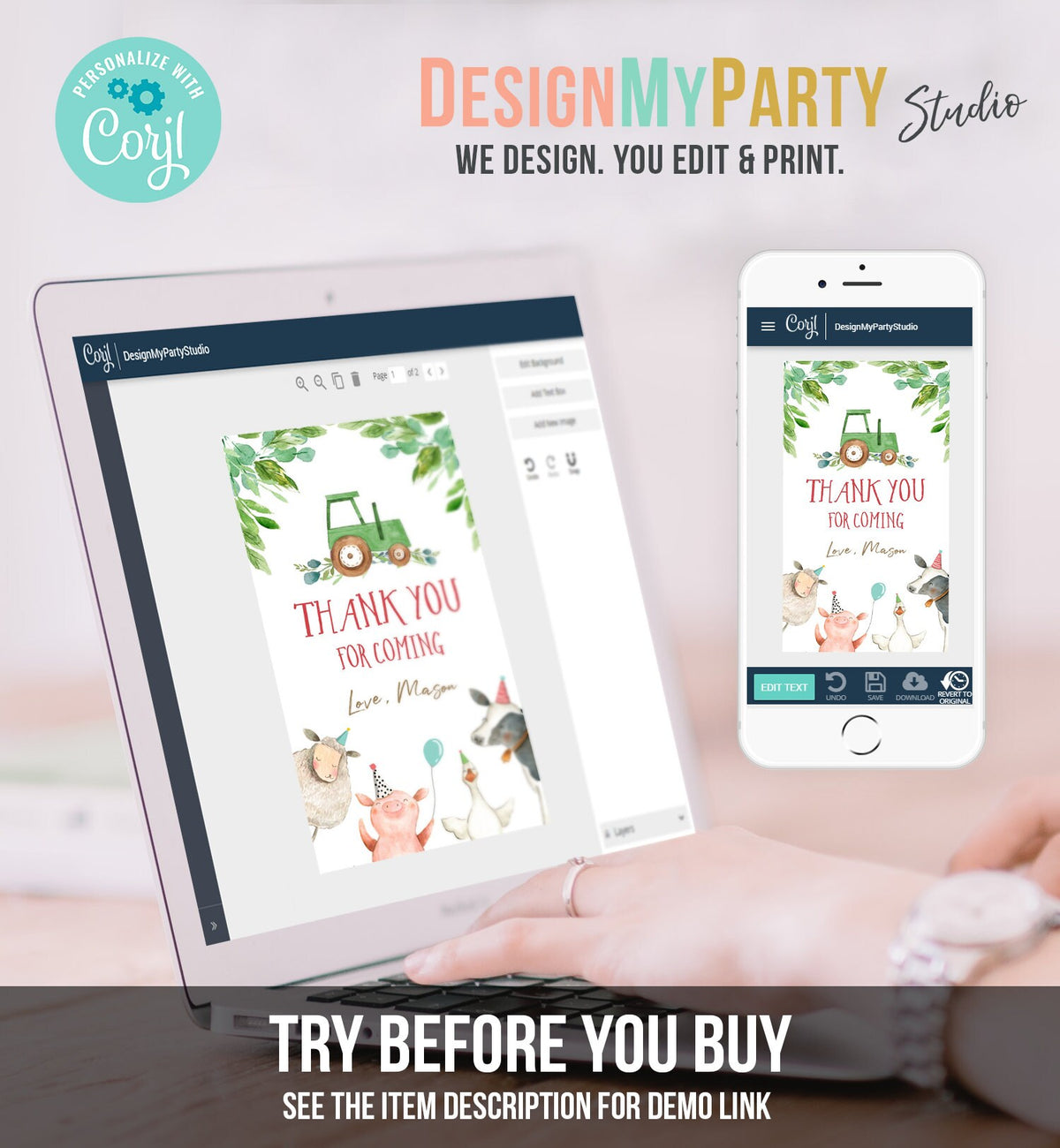 Editable Farm Favor Tags Tags Boy Farm Birthday Thank you tags Barnyard Gift Tags Green Tractor Digital Download Template Printable 0155