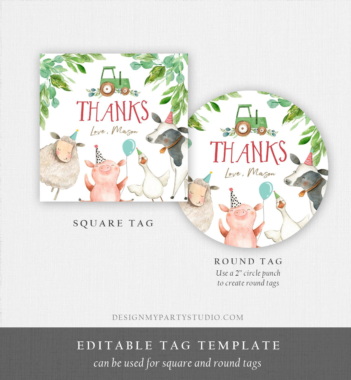 Editable Farm Animals Thank You Tags Boy Birthday Green Tractor Barnyard Stickers Decor Favor Tags Cow Pig Download Template Printable 0155