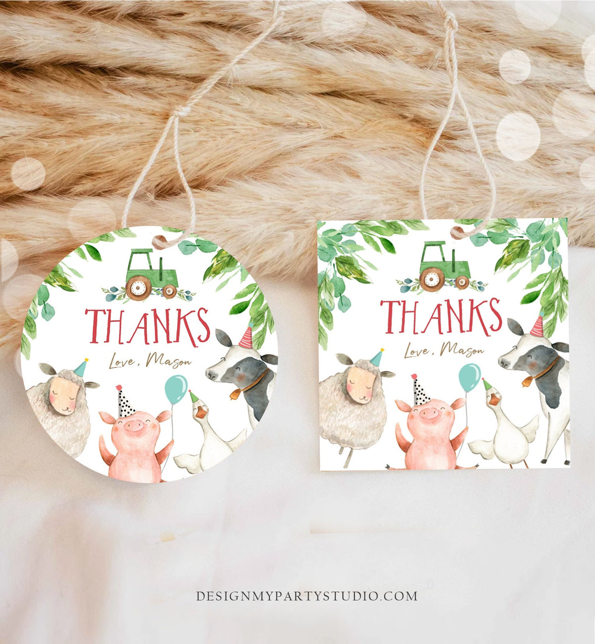 Editable Farm Animals Thank You Tags Boy Birthday Green Tractor Barnyard Stickers Decor Favor Tags Cow Pig Download Template Printable 0155