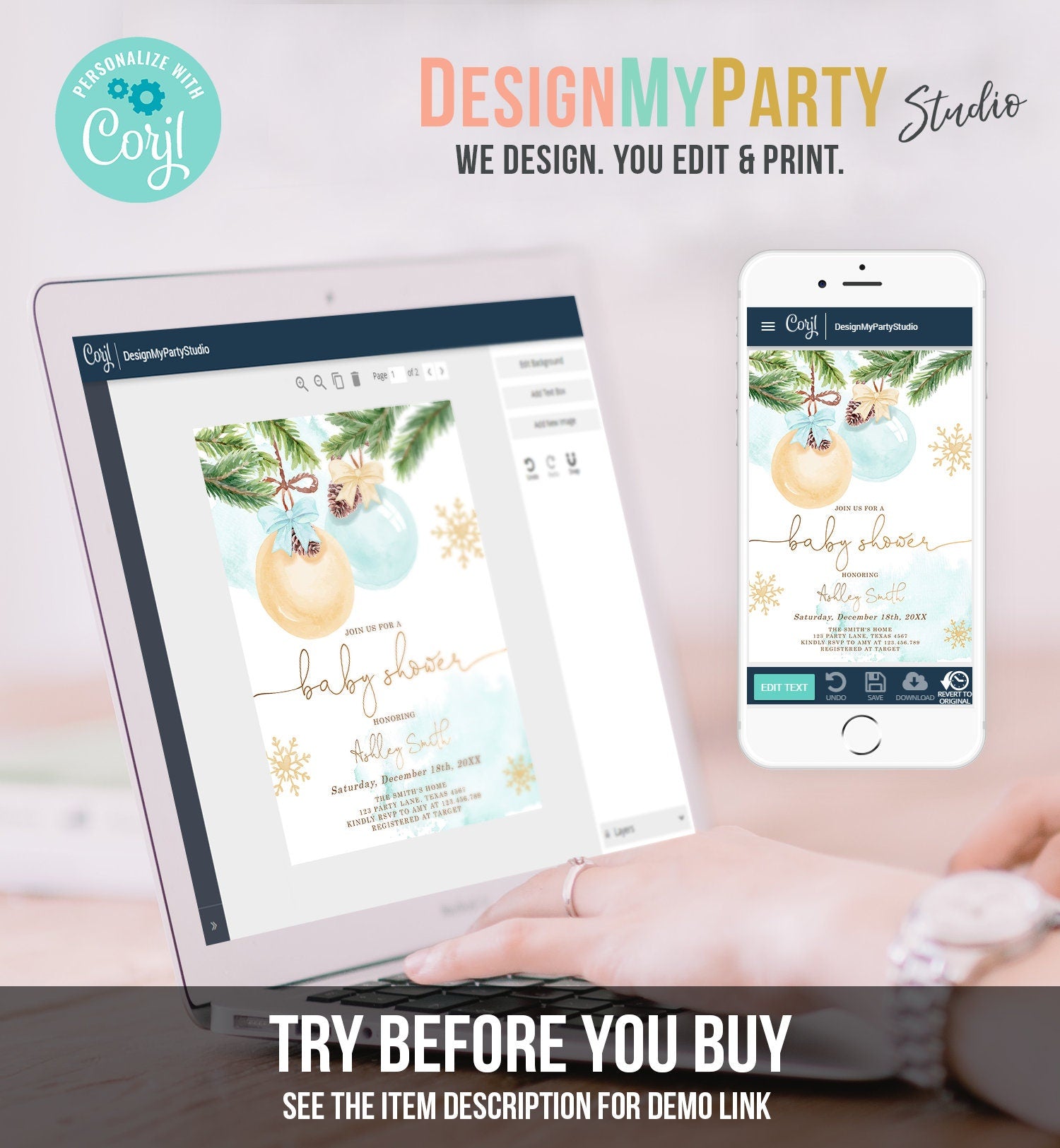 Editable Winter Baby Shower Invitation Baby It's Cold Outside Christmas Baby Shower Boy Blue Watercolor Digital Template Printable 0490