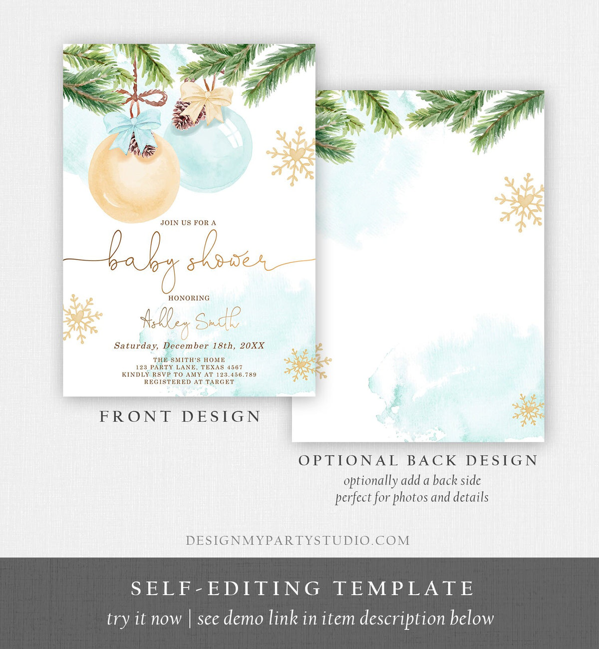 Editable Winter Baby Shower Invitation Baby It&#39;s Cold Outside Christmas Baby Shower Boy Blue Watercolor Digital Template Printable 0490