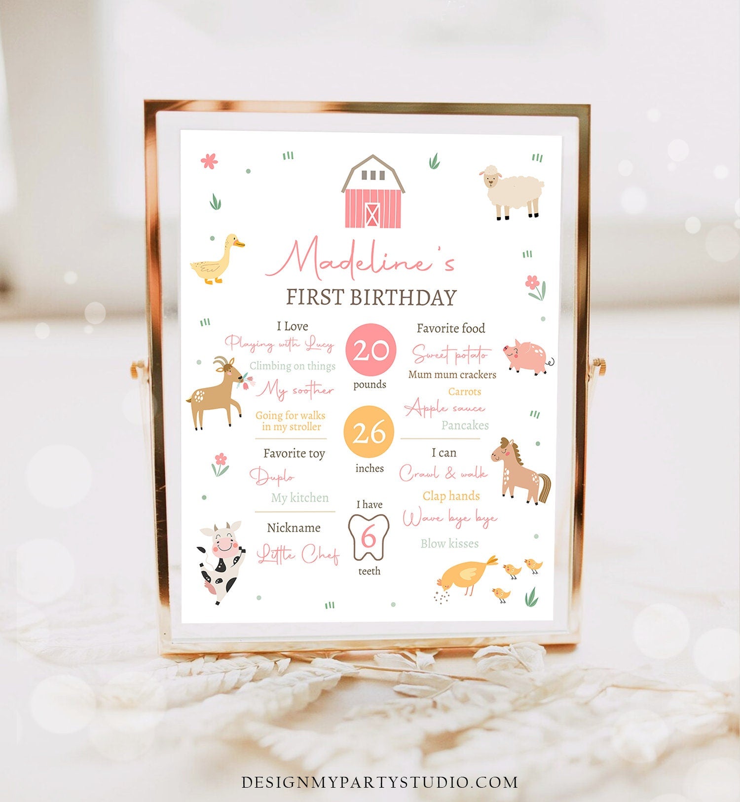 Editable Farm Animals Birthday Milestone Sign Girl Pink Farm Minimalist Barnyard Bash Barnyard Sign Floral Digital Template Printable 0436