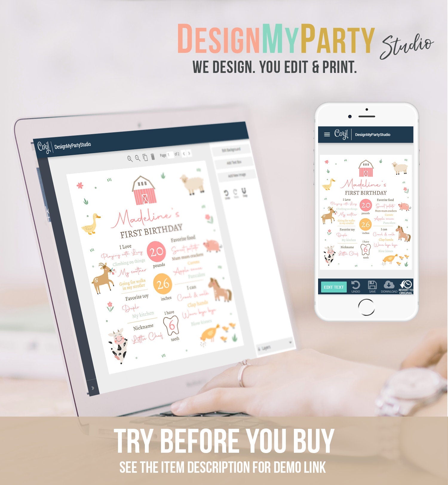 Editable Farm Animals Birthday Milestone Sign Girl Pink Farm Minimalist Barnyard Bash Barnyard Sign Floral Digital Template Printable 0436