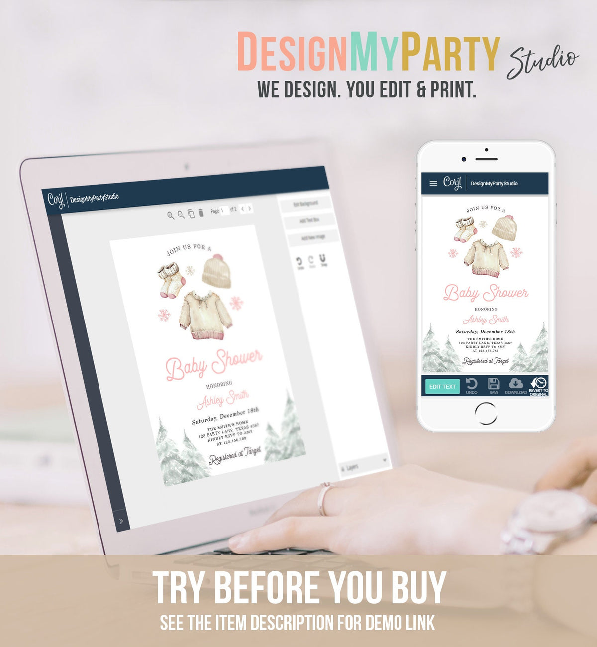 Editable Winter Baby Shower Girl Baby It&#39;s Cold Outside Invitation Christmas Pink Baby Clothes Watercolor Digital Template Printable 0491