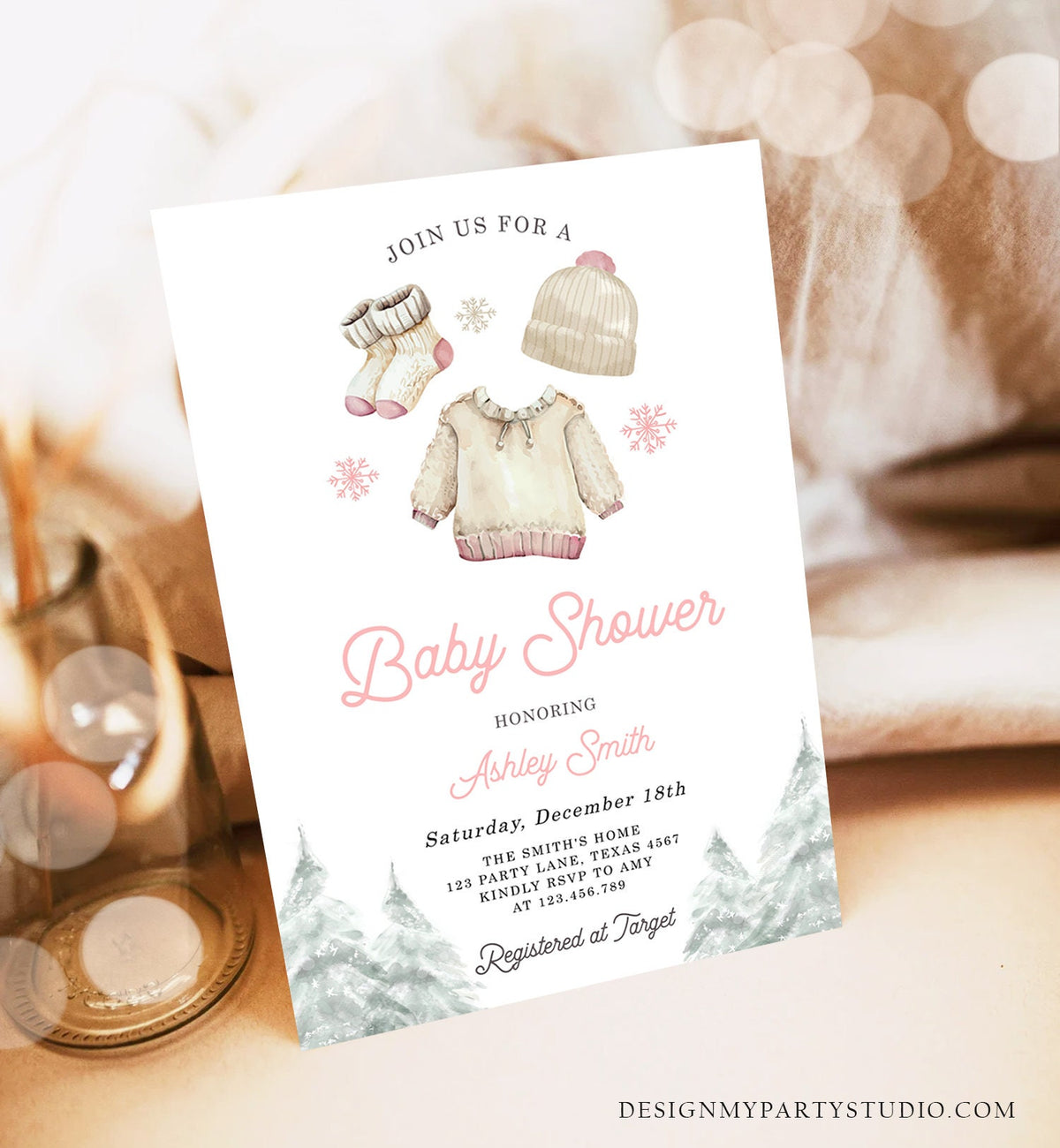 Editable Winter Baby Shower Girl Baby It&#39;s Cold Outside Invitation Christmas Pink Baby Clothes Watercolor Digital Template Printable 0491