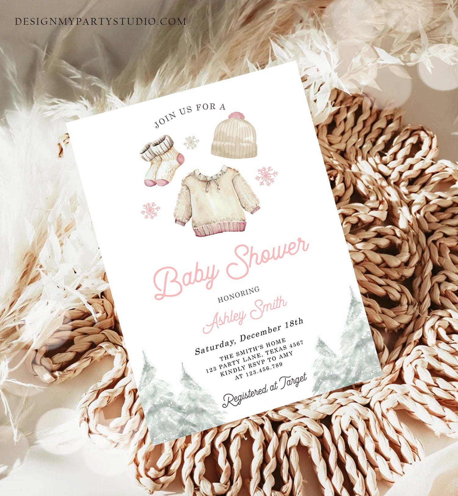 Editable Winter Baby Shower Girl Baby It's Cold Outside Invitation Christmas Pink Baby Clothes Watercolor Digital Template Printable 0491