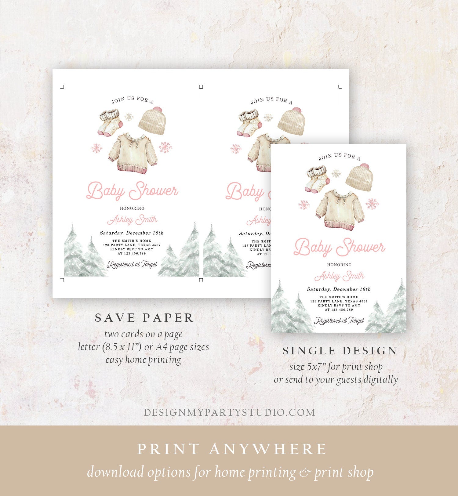 Editable Winter Baby Shower Girl Baby It's Cold Outside Invitation Christmas Pink Baby Clothes Watercolor Digital Template Printable 0491