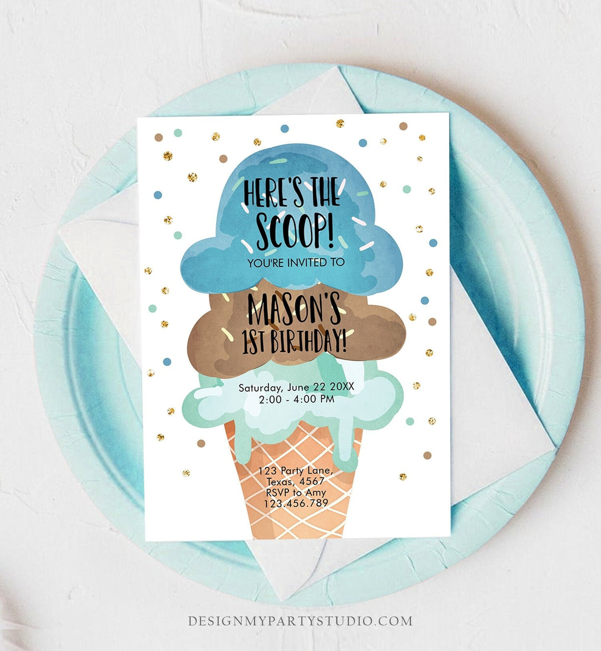 Editable Ice Cream Birthday Invitation First Birthday Party Here&amp;#39;s the Scoop Cone Blue Mint Chocolate Boy Corjl Template Printable 0243