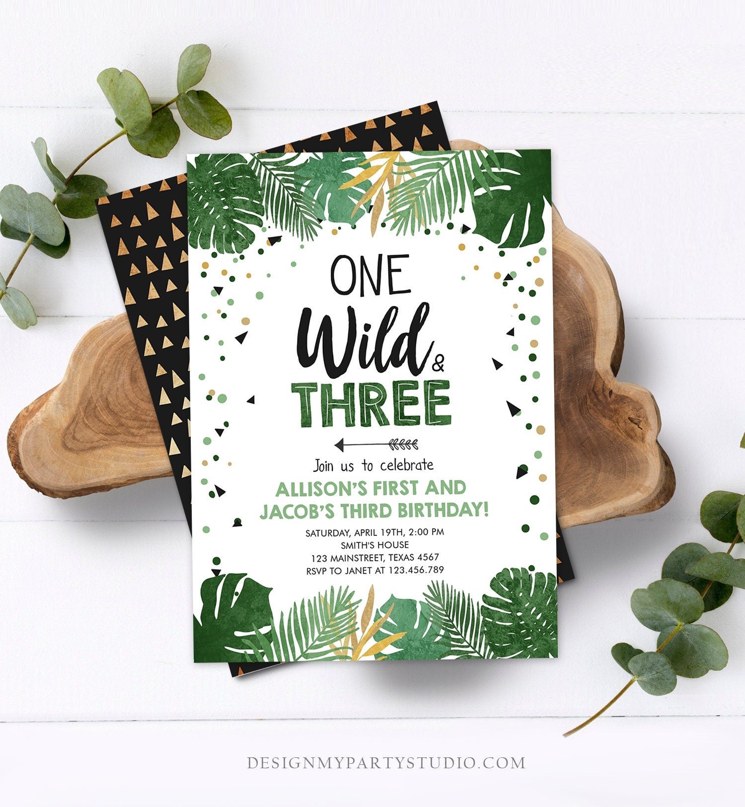 Editable One Wild and Three Birthday Invitation Safari Tropical Party 1st 3rd First Third Birthday Coed Joined Boy Gold Corjl Template 0332
