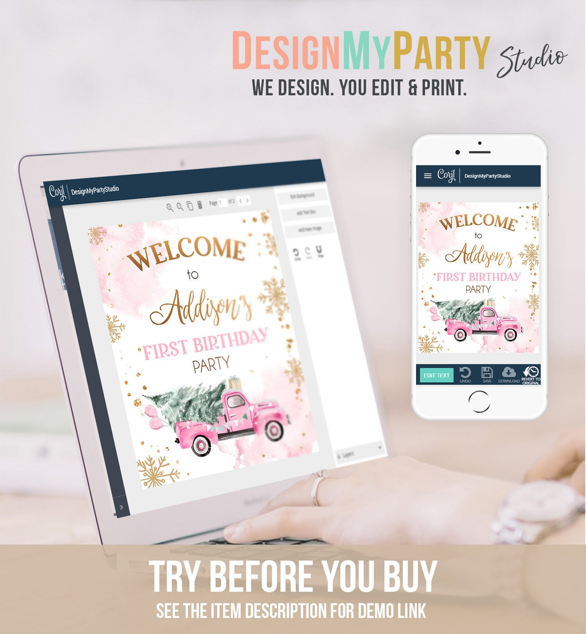Editable Winter Truck Welcome Sign Onederland Pink Truck Watercolor Girl First Birthday Snowflake Wonderland Digital Template Printable 0495