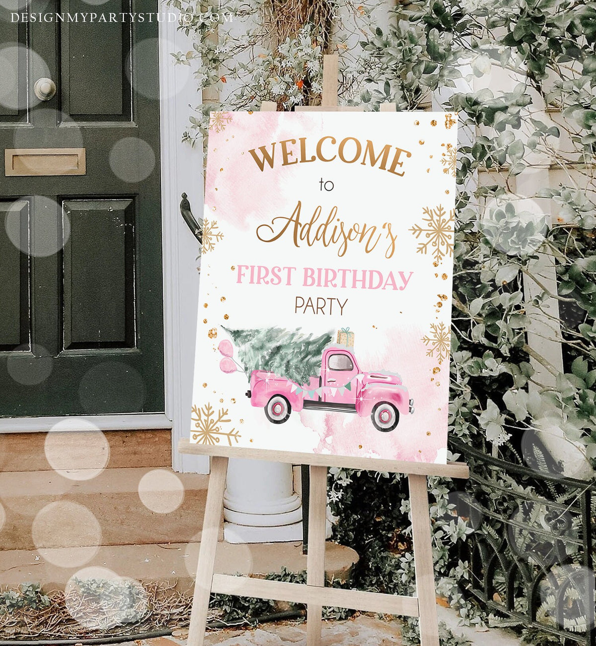 Editable Winter Truck Welcome Sign Onederland Pink Truck Watercolor Girl First Birthday Snowflake Wonderland Digital Template Printable 0495