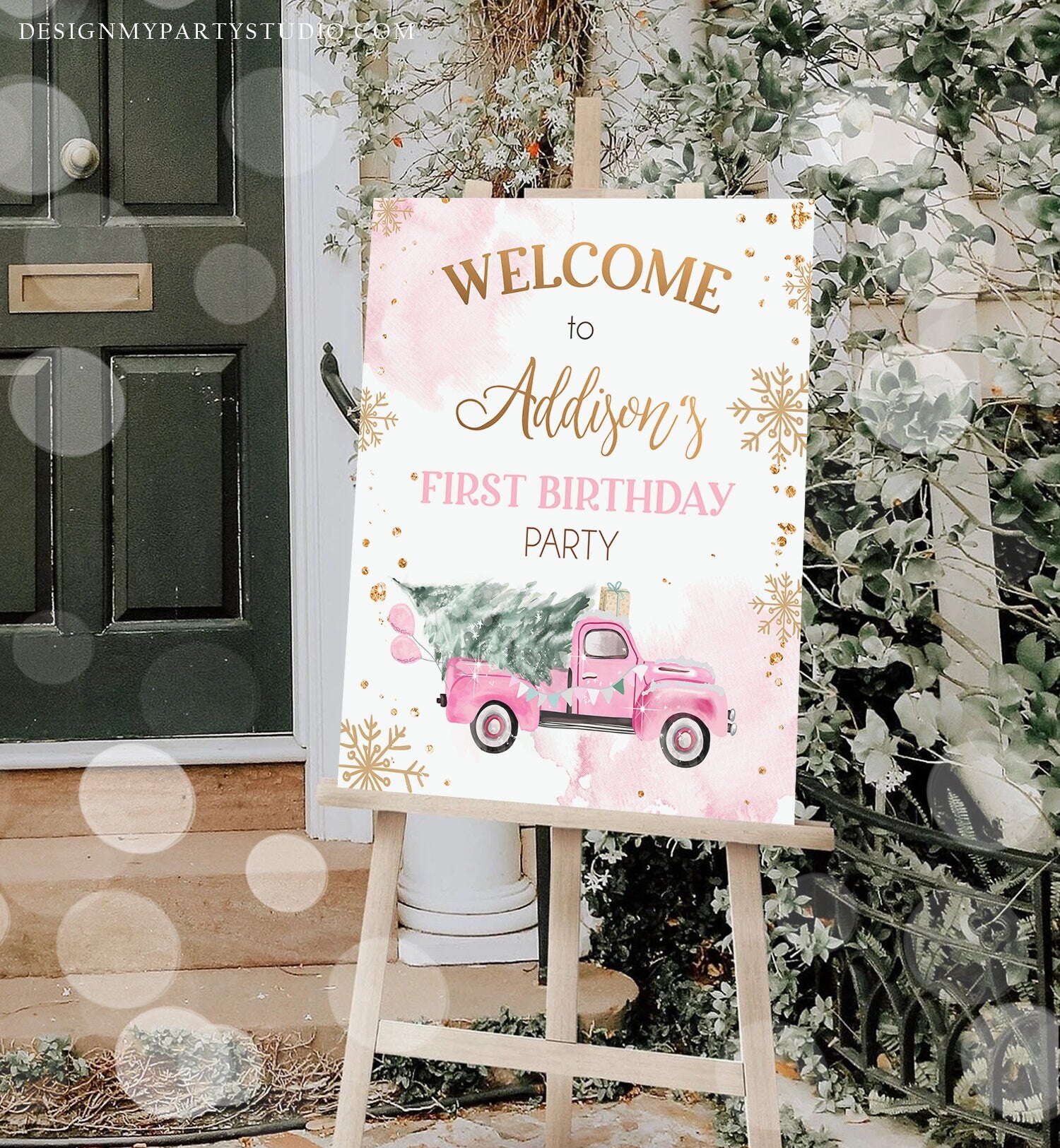 Editable Winter Truck Welcome Sign Onederland Pink Truck Watercolor Girl First Birthday Snowflake Wonderland Digital Template Printable 0495