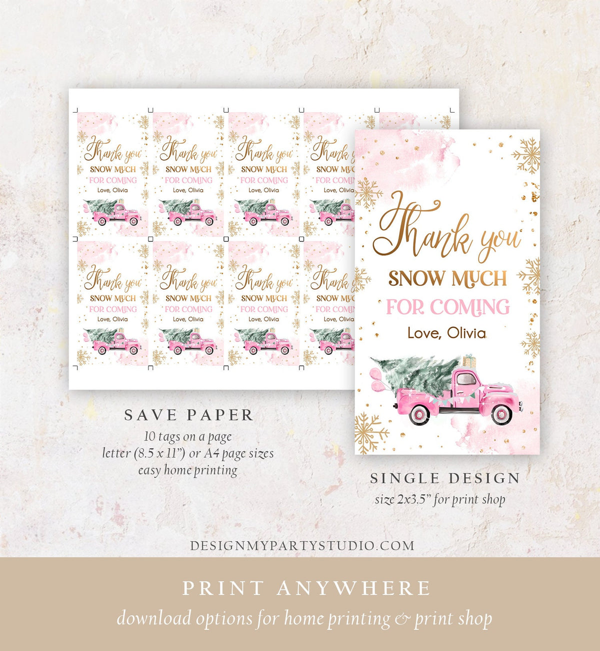Editable Winter Onederland Favor Tag Christmas Tree Thank You Snow Much Pink Truck Birthday 1st Gift Girl Digital Template Printable 0495