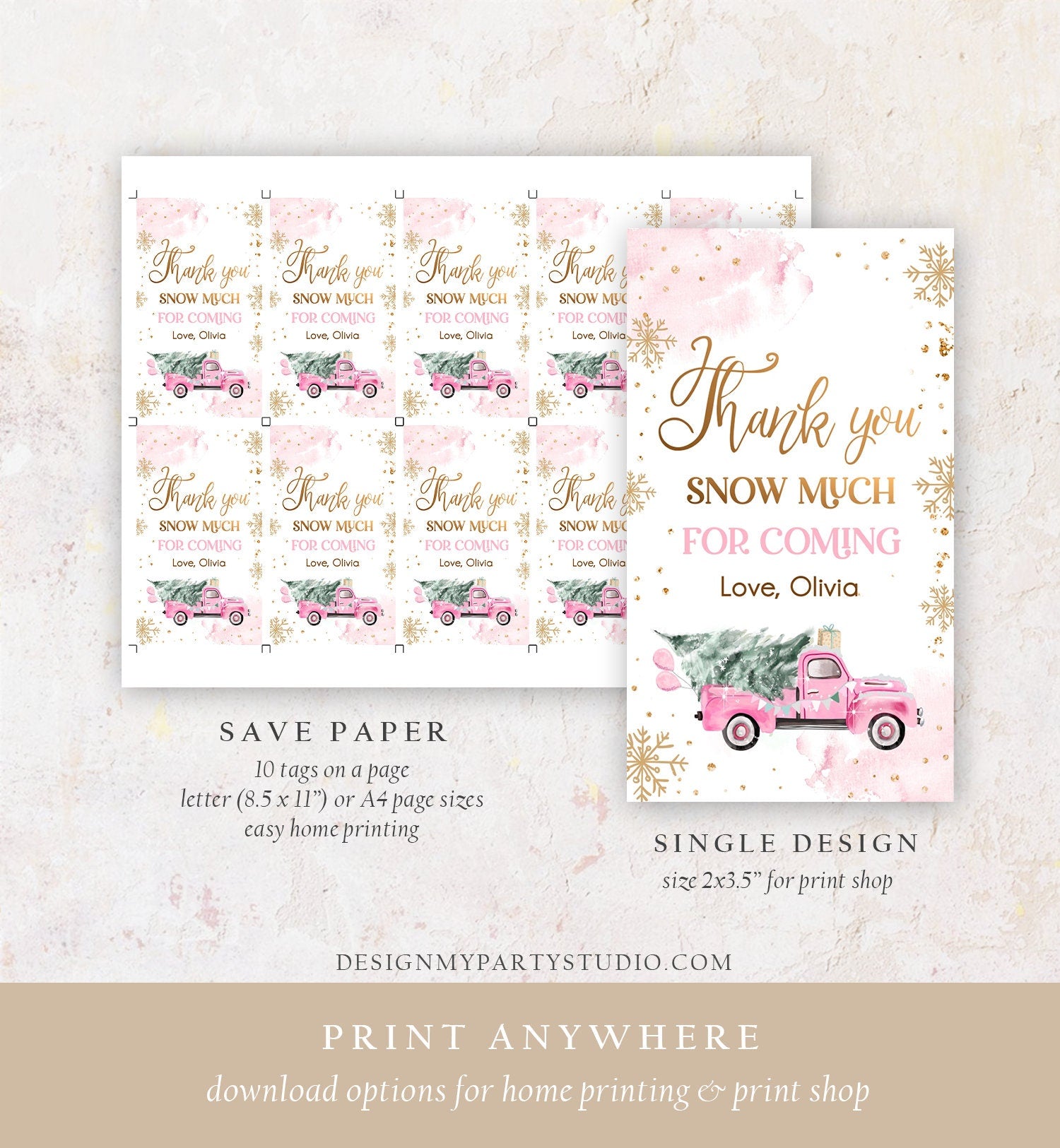 Editable Winter Onederland Favor Tag Christmas Tree Thank You Snow Much Pink Truck Birthday 1st Gift Girl Digital Template Printable 0495