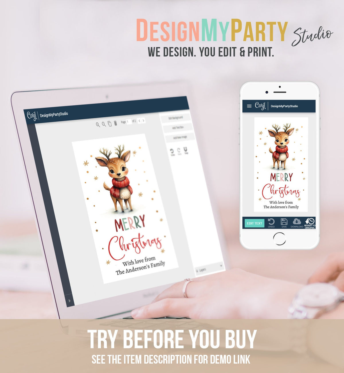 Editable Christmas Gift Tag Holiday Favor Tag Merry Christmas Holiday Tag Holiday Deer Santa Family Digital Download Template Printable 0443