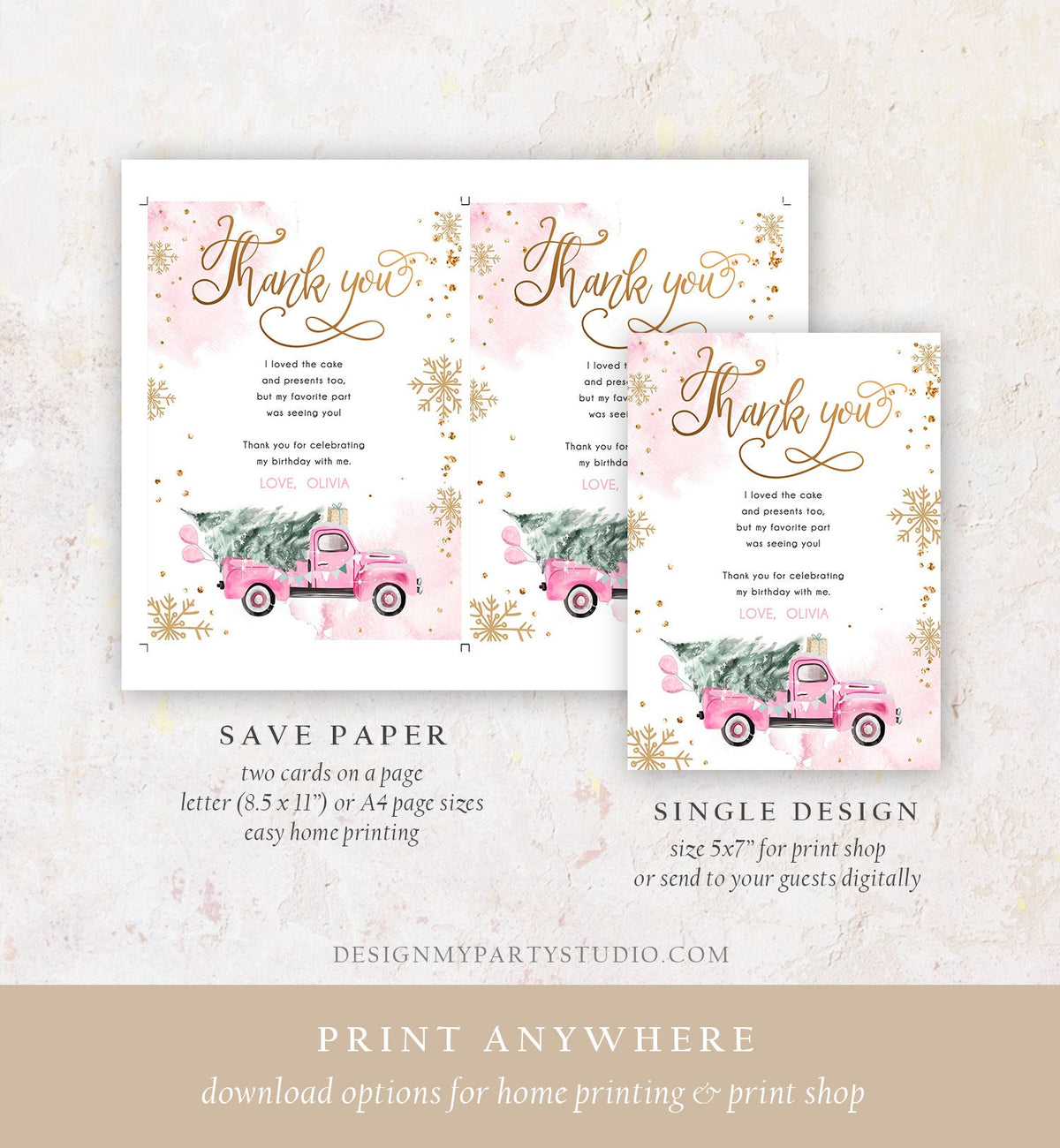Editable Winter Truck Thank You Card Girl Birthday Winter Onederland Pink Truck Tree Christmas Snowflake Digital Template Printable 0495