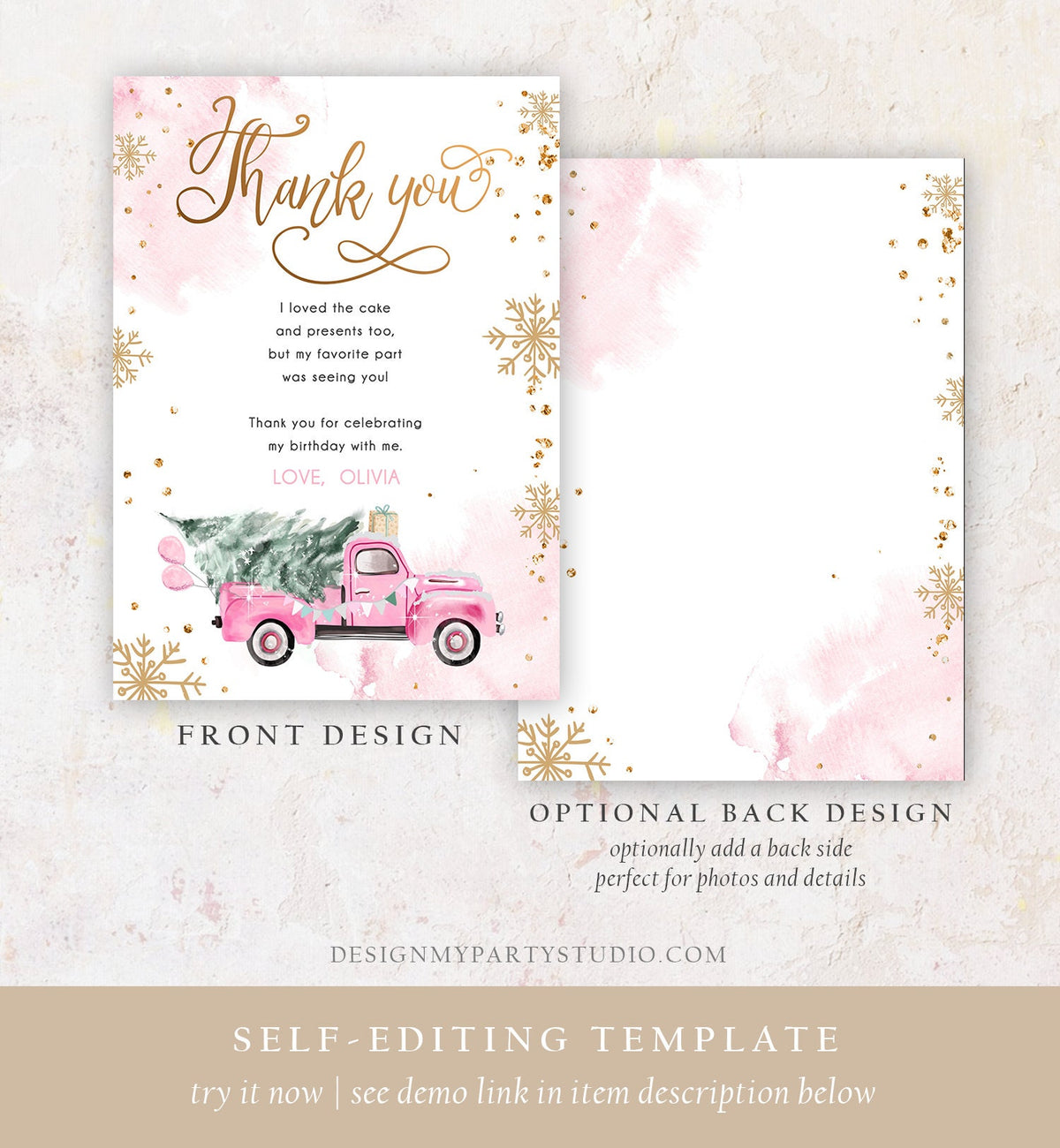 Editable Winter Truck Thank You Card Girl Birthday Winter Onederland Pink Truck Tree Christmas Snowflake Digital Template Printable 0495