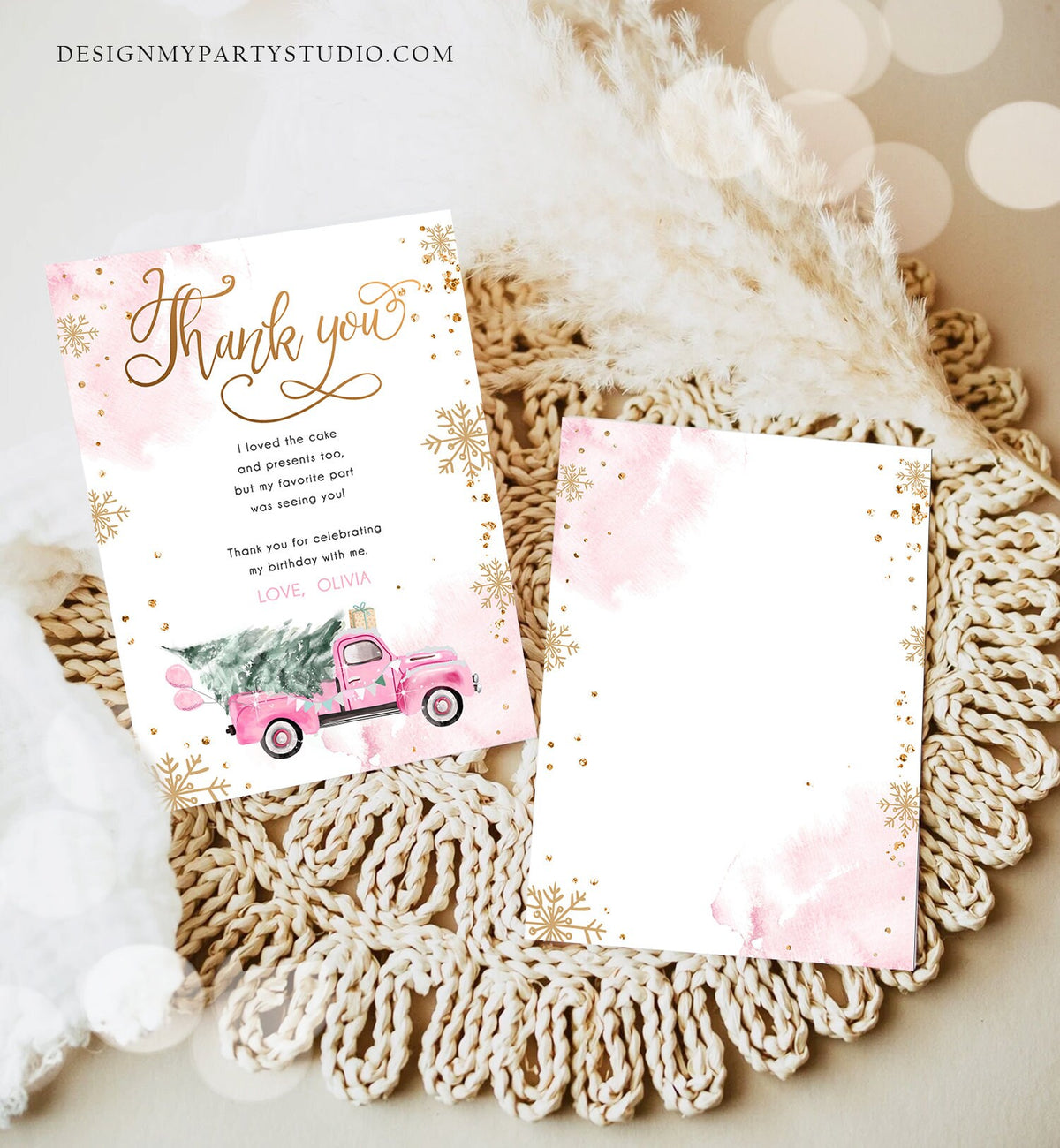 Editable Winter Truck Thank You Card Girl Birthday Winter Onederland Pink Truck Tree Christmas Snowflake Digital Template Printable 0495