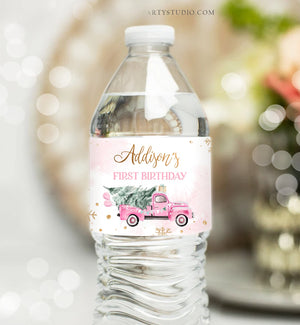 Editable Winter Truck Water Bottle Labels Winter Onederland Party Decor Girl First 1st Birthday Pink Truck Christmas Printable Template 0495