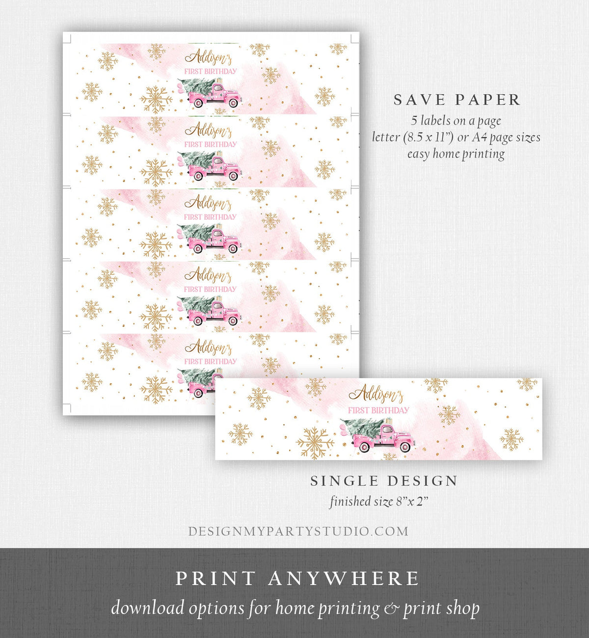 Editable Winter Truck Water Bottle Labels Winter Onederland Party Decor Girl Birthday Pink Truck Christmas Digital Template Printable 0495