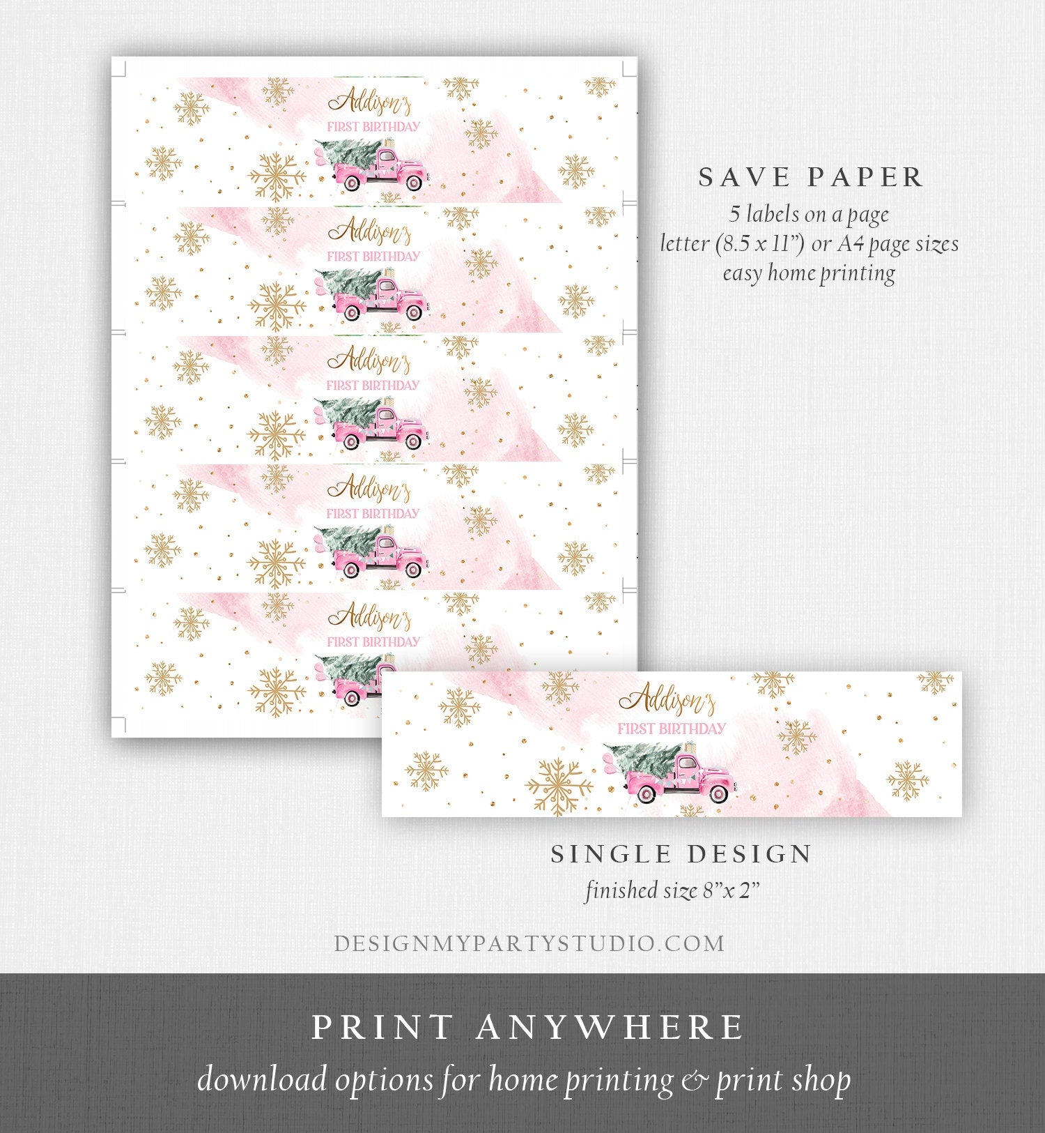 Editable Winter Truck Water Bottle Labels Winter Onederland Party Decor Girl Birthday Pink Truck Christmas Digital Template Printable 0495