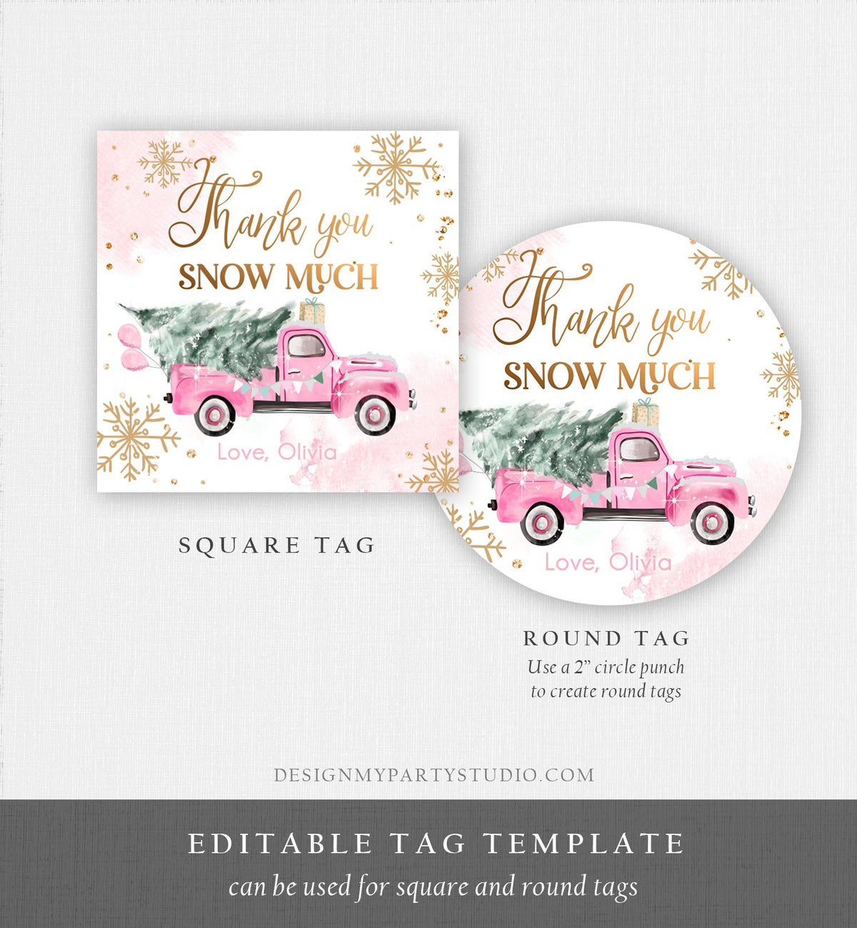 Editable Winter Onederland Favor Tag Christmas Tree Thank You Snow Much Pink Truck Birthday 1st Winter Gift Tag Pink Template Printable 0495