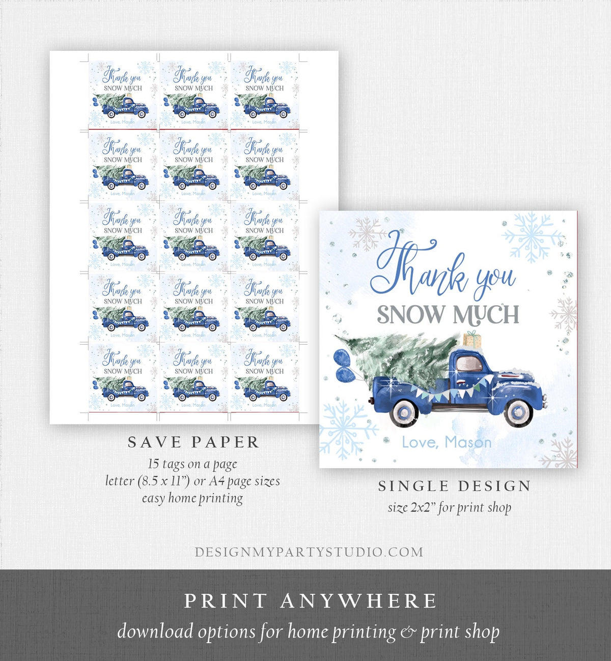 Editable Winter Onederland Favor Tag Christmas Tree Thank You Snow Much Blue Truck Birthday 1st Gift Tag Boy Digital Template Printable 0495