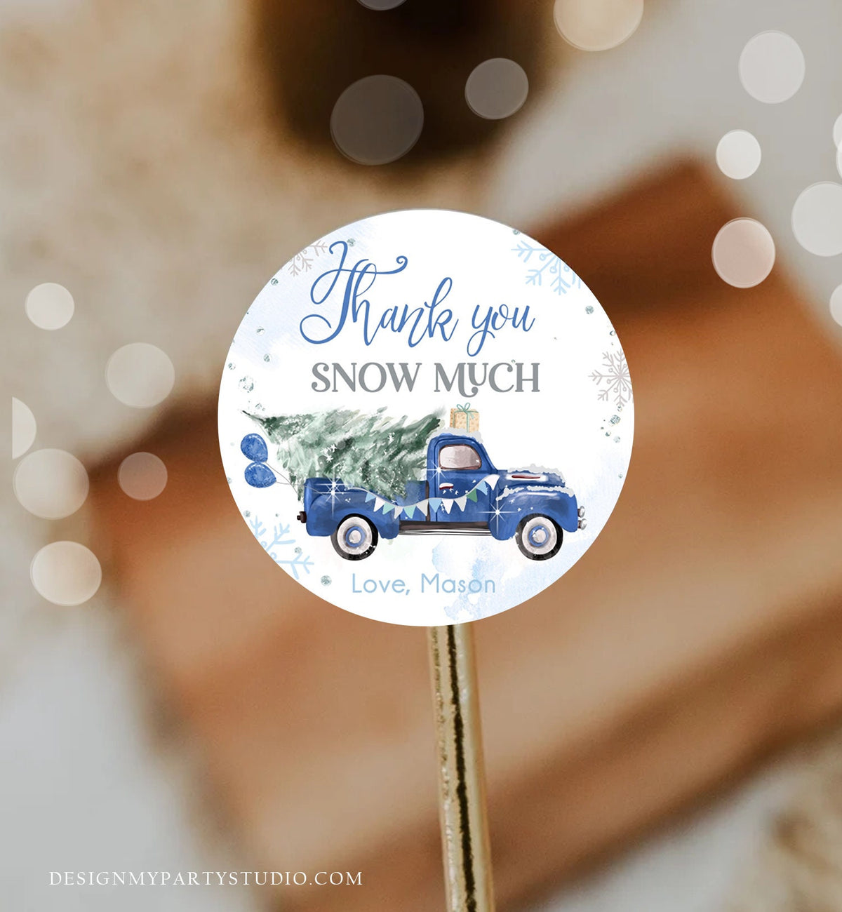 Editable Winter Onederland Favor Tag Christmas Tree Thank You Snow Much Blue Truck Birthday 1st Gift Tag Boy Digital Template Printable 0495