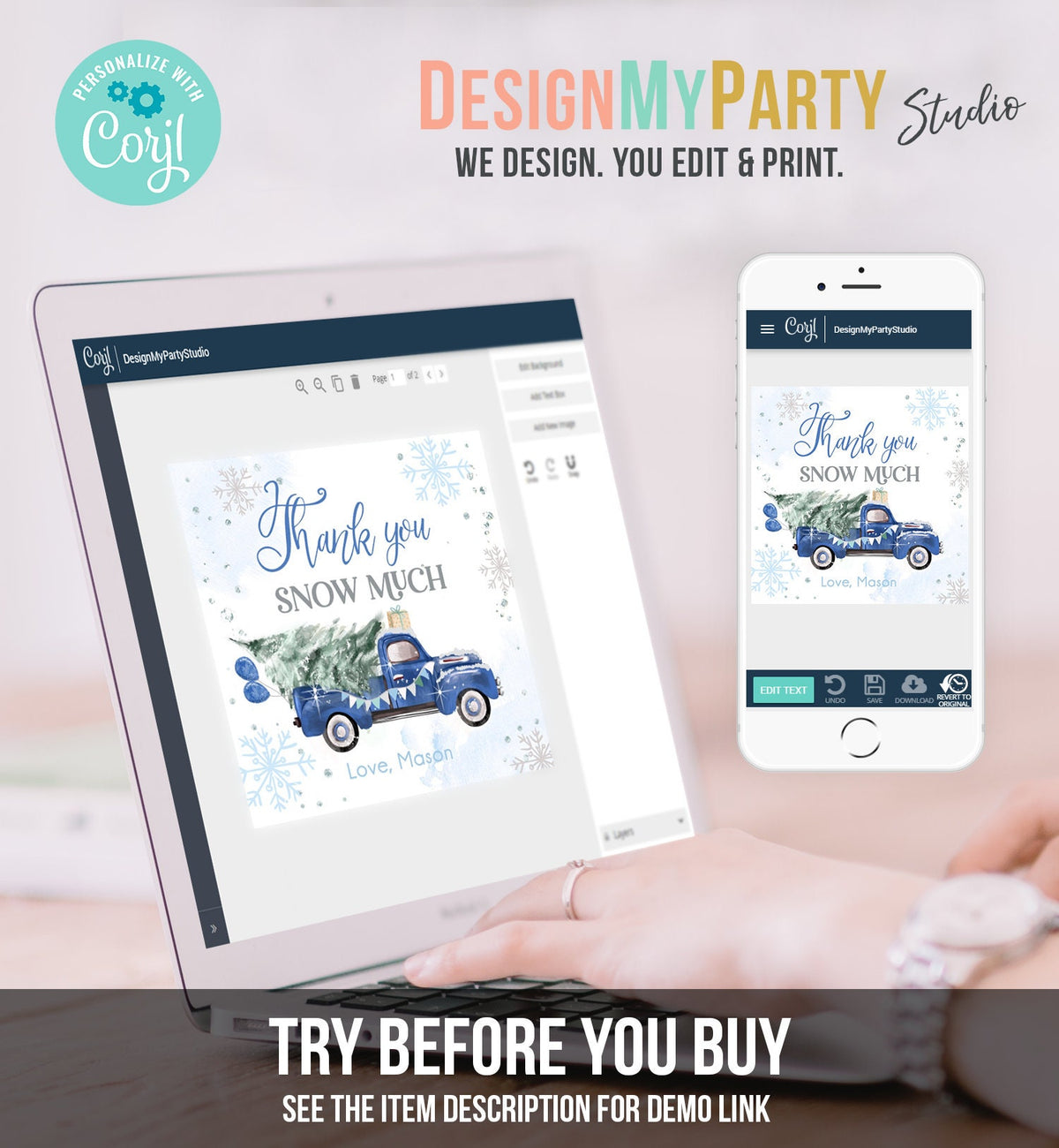 Editable Winter Onederland Favor Tag Christmas Tree Thank You Snow Much Blue Truck Birthday 1st Gift Tag Boy Digital Template Printable 0495