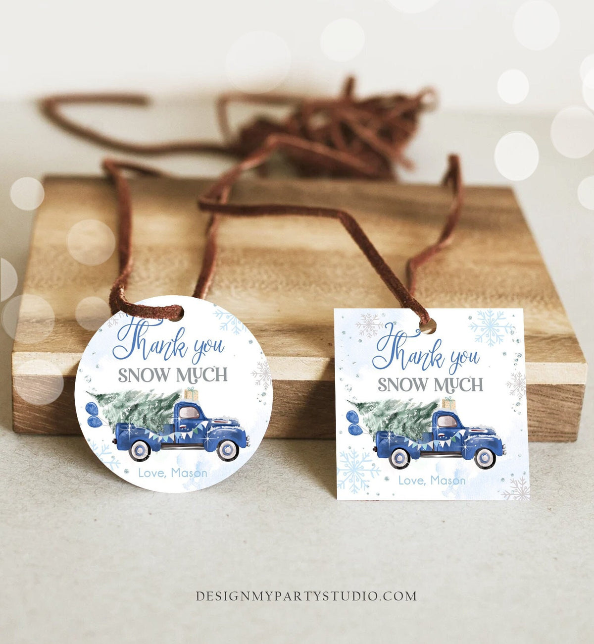 Editable Winter Onederland Favor Tag Christmas Tree Thank You Snow Much Blue Truck Birthday 1st Gift Tag Boy Digital Template Printable 0495
