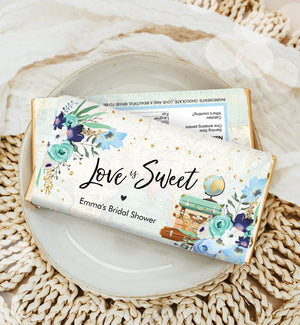 Editable Love is Sweet Chocolate Bar Wrapper Bridal Shower Travel Adventure Traveling to Mrs Blue Floral Baby Corjl Template Printable 0030