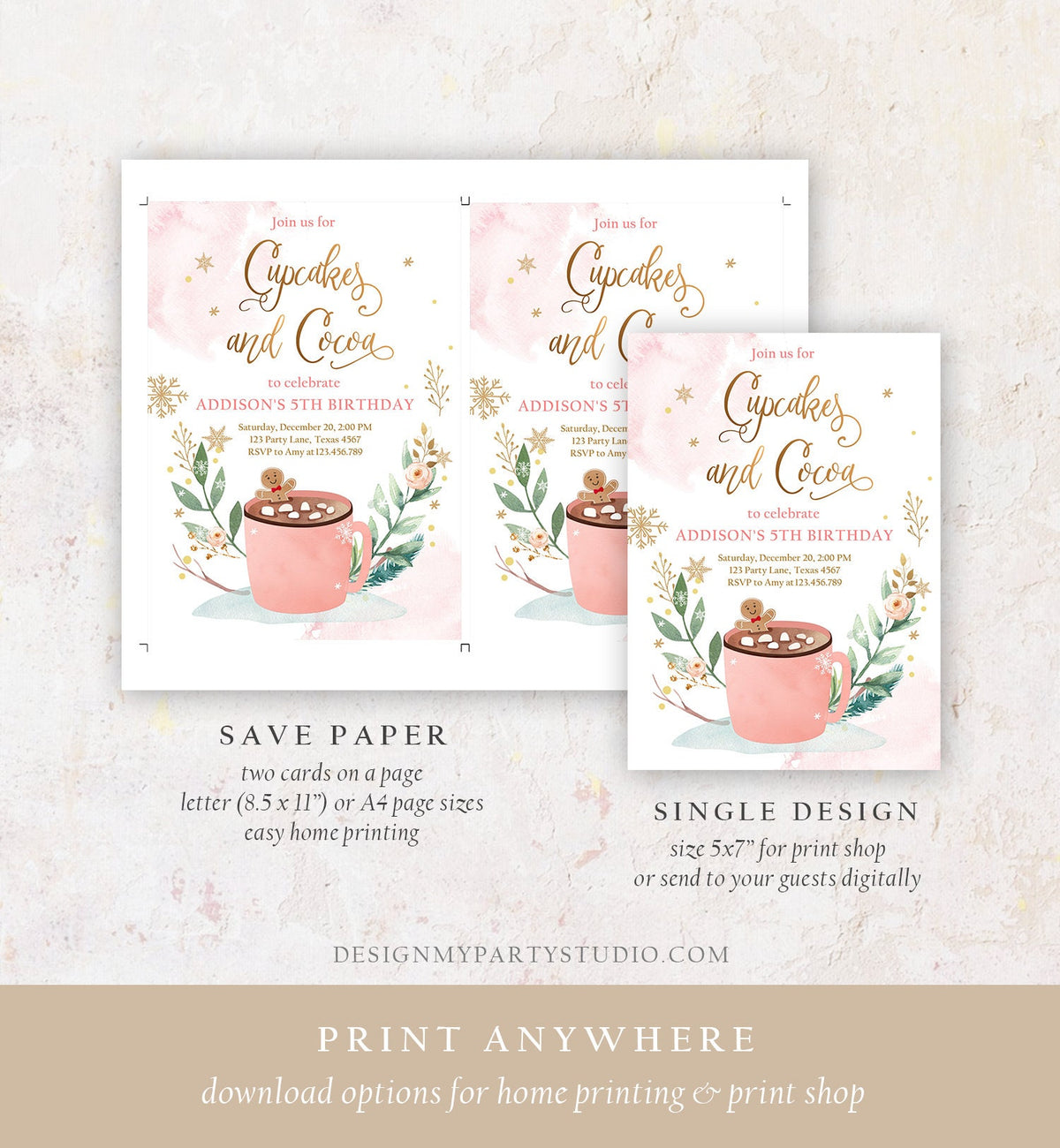 Editable Cupcakes and Cocoa Invitation Hot Cocoa Party Hot Chocolate Christmas Birthday Girl Pink Gold Printable Template Corjl 0353