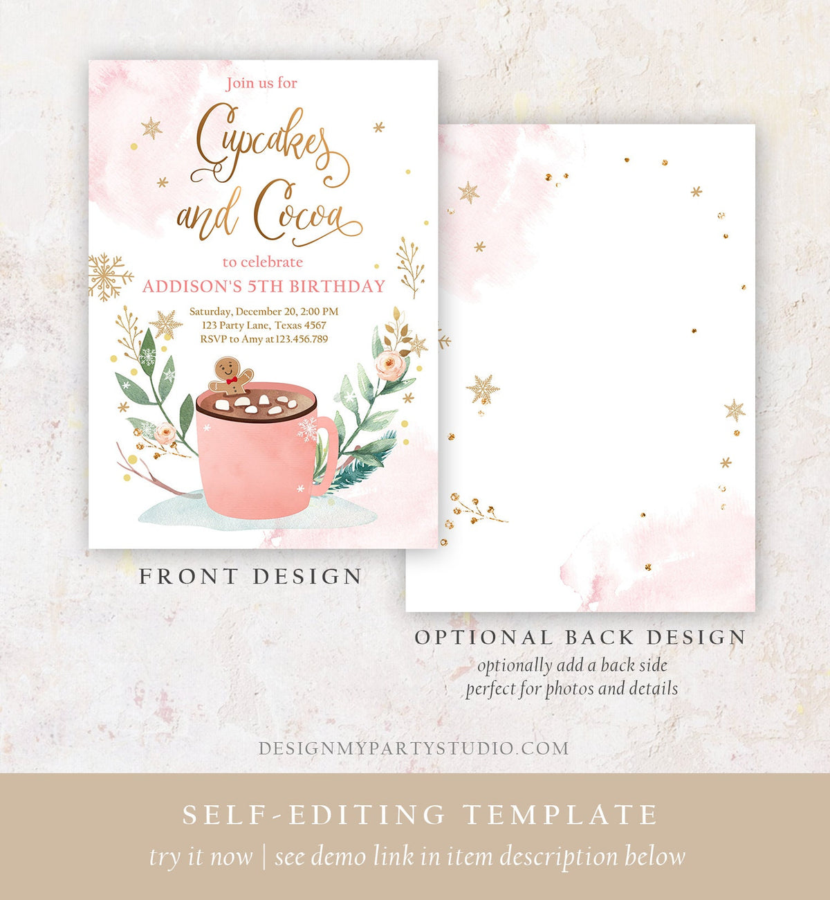Editable Cupcakes and Cocoa Invitation Hot Cocoa Party Hot Chocolate Christmas Birthday Girl Pink Gold Printable Template Corjl 0353