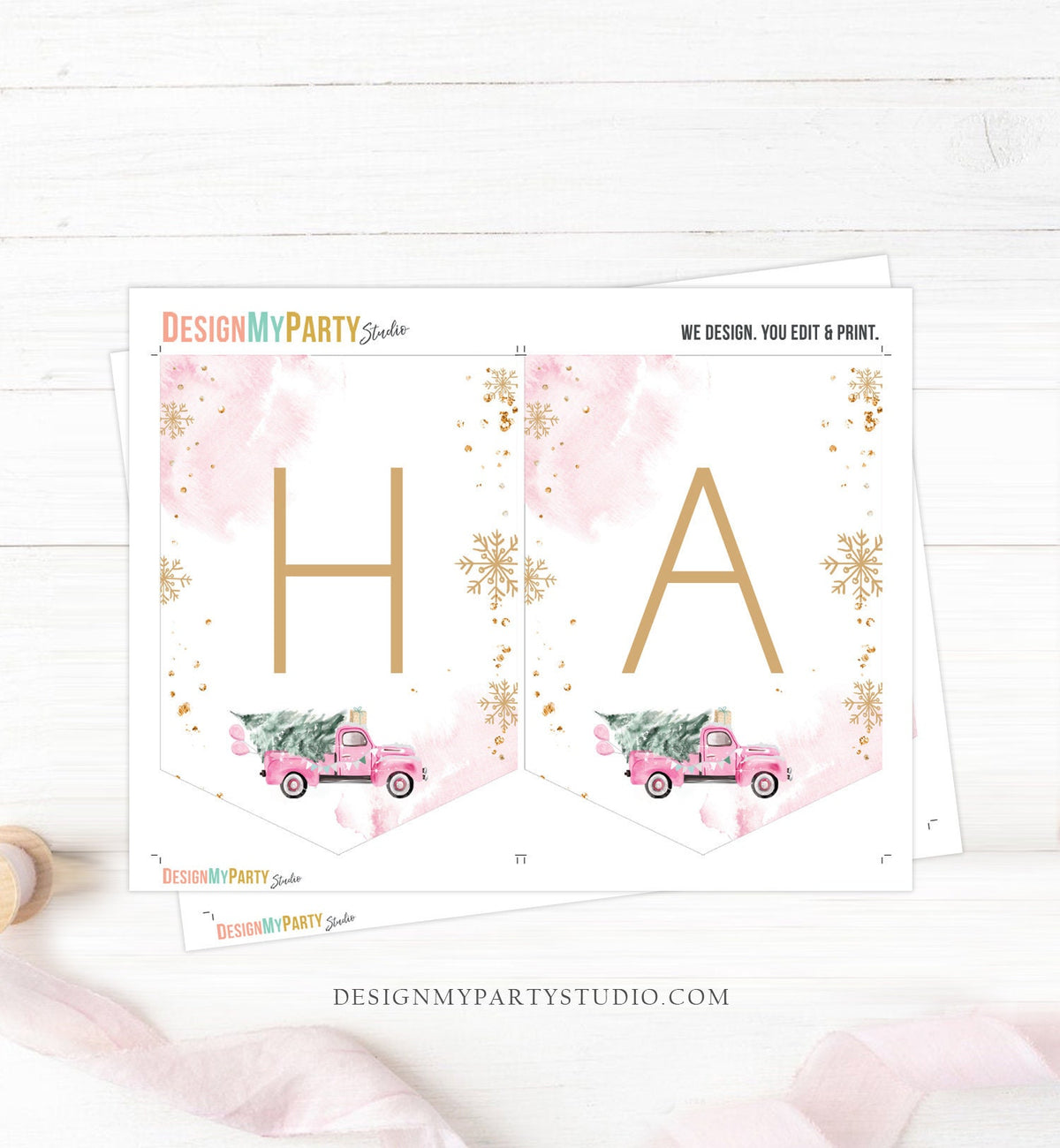 Happy Birthday Banner Winter Truck Pink Girl Birthday Winter Onederland Decor Christmas Tree Watercolor Digital Download Printable 0495