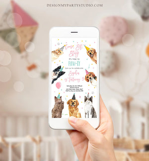 Editable Cats and Dogs Birthday Evite Cat Dog Birthday Party Invite Girl Kitten Puppy Pawty Download Electronic Phone Template Corjl 0384