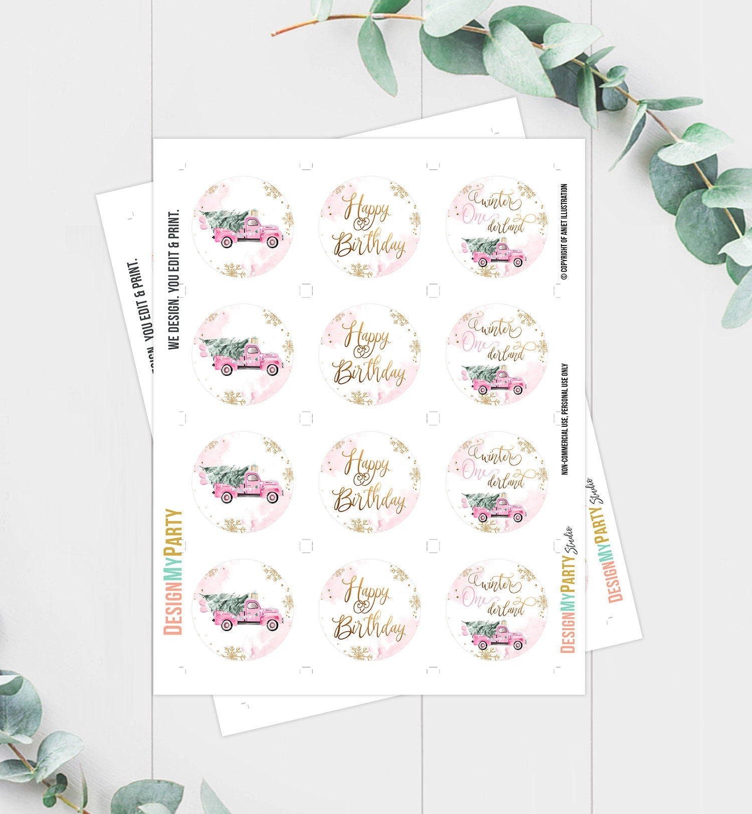 Winter Truck Cupcake Toppers Winter ONEderland Tree Girl First Birthday Party Decor Pink Truck Stickers Tags Download Digital Printable 0495