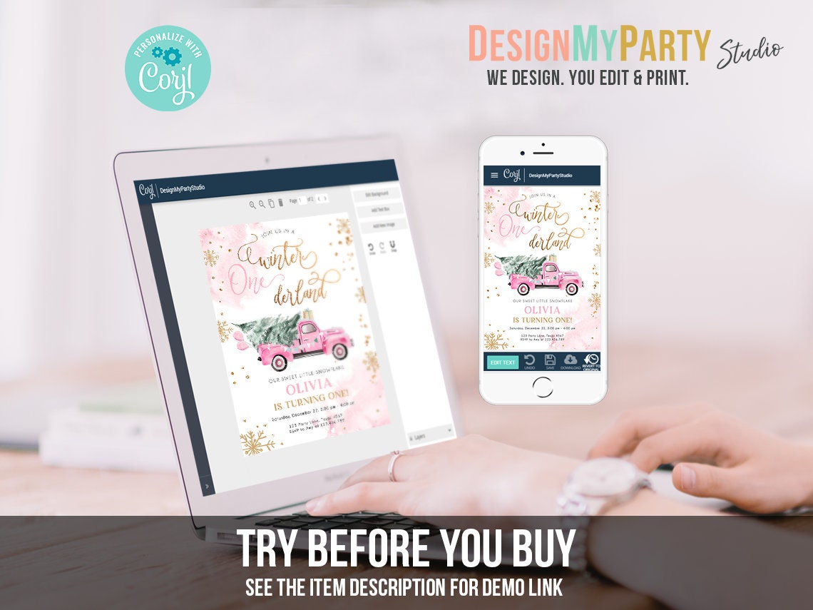 Winter ONEderland Birthday Bundle Christmas Winter Pink Truck Girl First Birthday Tree Snowflakes Watercolor Digital Template Printable 0495