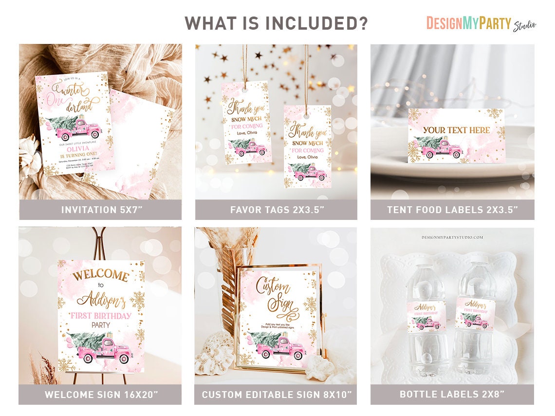 Winter ONEderland Birthday Bundle Christmas Winter Pink Truck Girl First Birthday Tree Snowflakes Watercolor Digital Template Printable 0495