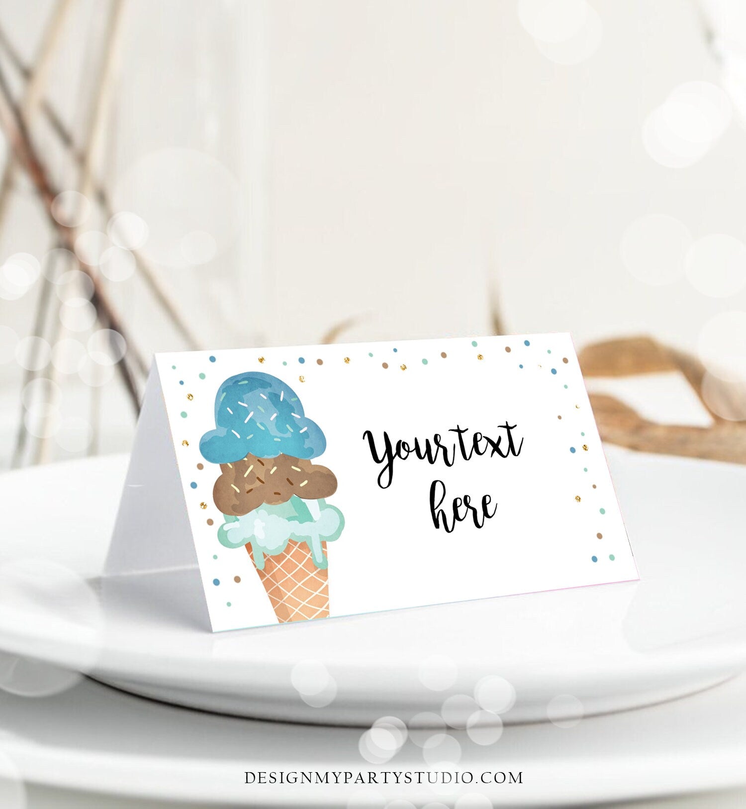 Editable Ice Cream Food Labels Ice Cream Birthday Food Cards Tent Card Boy Blue Brown Gold Scoop Buffet Label Tent Card Template Corjl 0243